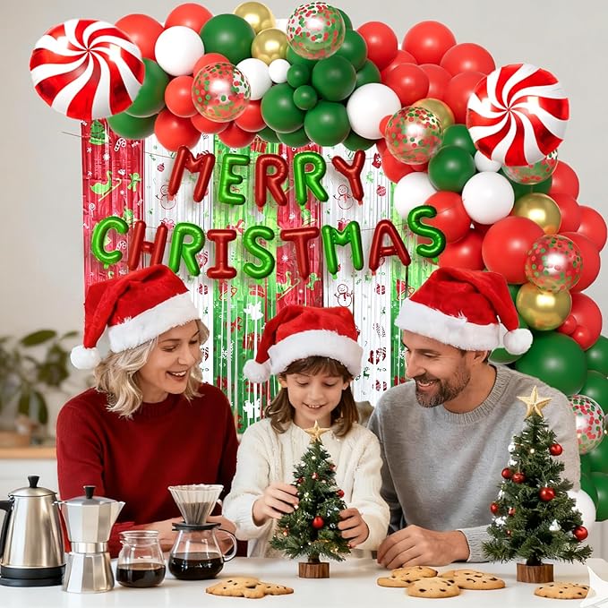 Christmas Party Decorations Christmas Balloon Arch Kit with Metallic Fringe Curtains, Merry Christ mas Banner and Candy Cane Balloons for Friendsmas Xmas Birthday Party Decorations