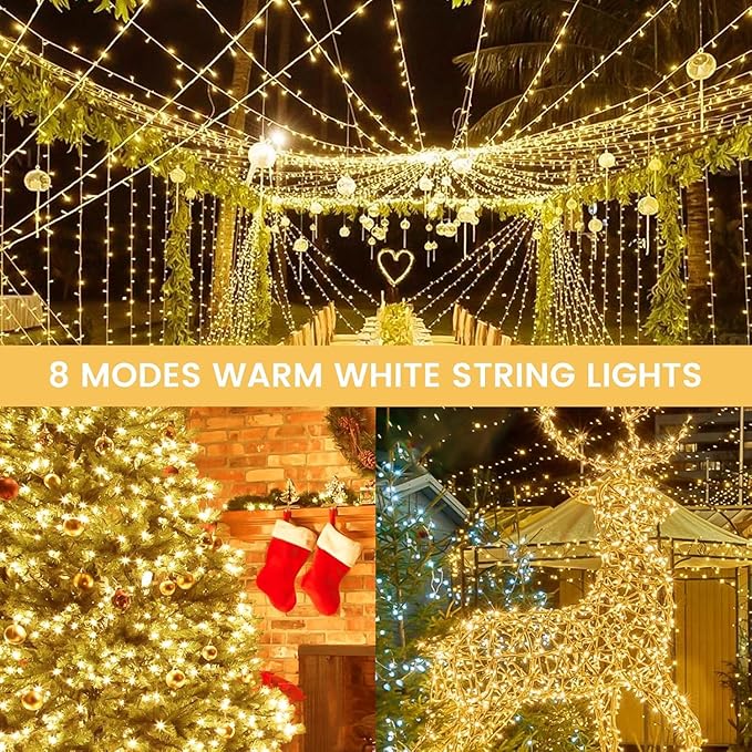4 Pack String Lights Battery Operated with Timer, 132FT 400 LED Waterproof Battery Twinkle Lights, 8 Modes Fairy Light for Indoor & Outdoor Party Bedroom Porch Tree Christmas Decorations (Warm White)