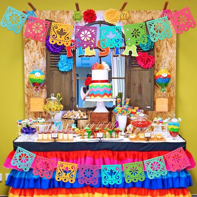 4 Mexican Fiesta Party Decorations Banners - Cinco de Mayo, Day of The Dead Papel Picado, Dia de Los Muertos Garland for Fiesta Birthday, Baby Shower, Festive Wall Decoration Flags