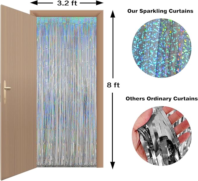 Melsan Silver Tinsel Backdrop Curtain, 3.2 ft x 8 ft Silver Foil Fringe Curtains, Sparkle Metallic Streamers for Disco Bachelorette Birthday Party Decorations, 2 Pack