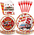 Grencian 96Pcs 5th Fire Truck Birthday Party Supplies Sound the Alarm 5th Birthday Plates and Napkins Tableware Set Red White Decoration for 5 Years Old Fire Theme Fireman Firetruck Serve 24