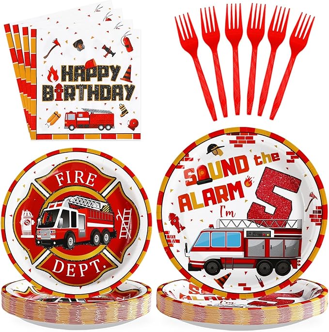 Grencian 96Pcs 5th Fire Truck Birthday Party Supplies Sound the Alarm 5th Birthday Plates and Napkins Tableware Set Red White Decoration for 5 Years Old Fire Theme Fireman Firetruck Serve 24