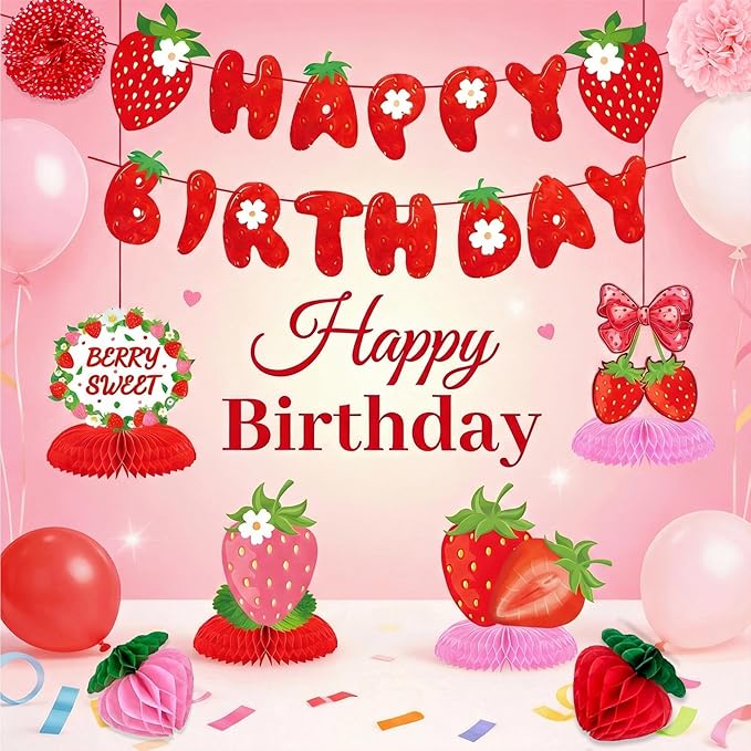 Strawberry Birthday Party Decorations,Strawberries Banner Backdrop Red Pink Fans Hanging Swirls honeycomb ball Pom Poms for Baby Shower Strawberrys Shortcake Party Supplies(Strawberry)