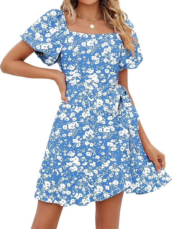 Sampeel Womens Summer Dresses Square Neck Puff Sleeve Tie Waist Short Dress