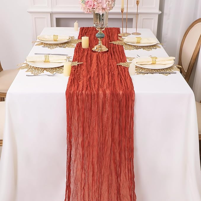 Snowkingdom 6PCS 10Ft Fall Thanksgiving Table Runner Terracotta Rust Cheesecloth Gauze, 120 inch Long Burnt Orange Boho Cheese Cloth for Wedding Bridal Shower Rustic Sheer Table Decorations