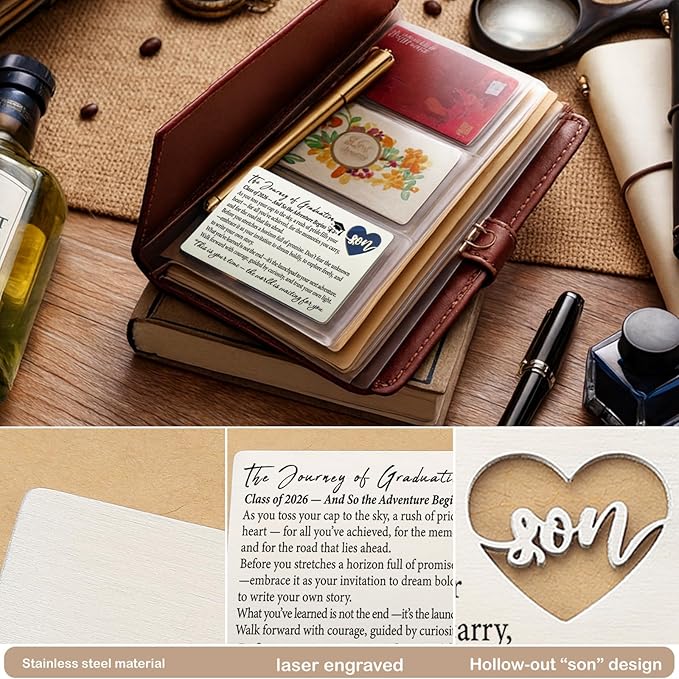 Class of 2026 Graduation Wallet Card for Son from Mom, Laser-Engraved Stainless Steel Insert with Heart Cutout, Inspirational Postcard Keepsake, Graduation Gift for Him College High School QBK12