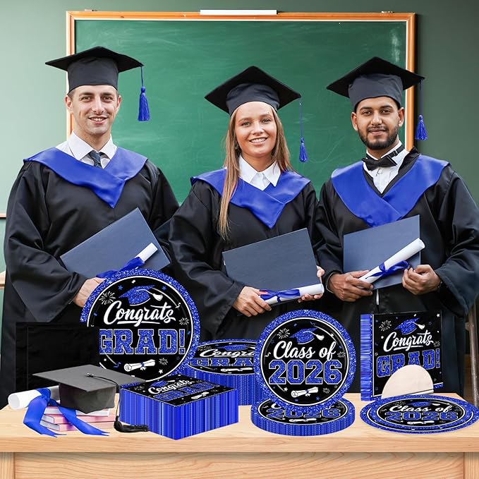 Graduation Decorations 2026 Graduation Party Plates and Napkins Set Black Blue Class of 2026 Graduation Party Supplies for Congrats Grad Party Decor, Serve 50