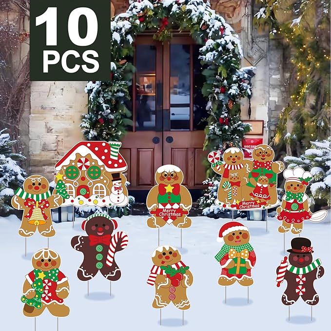10 Pack Gingerbread Christmas Decorations, Christmas Gingerbread Man Yard Signs - Outdoor Lawn Decorations with Stakes, Holiday Pathway Markers for Garden, Patio, Xmas Party Decor