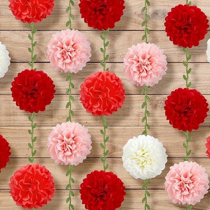 XIANNVXI Pink Tissue Paper Pom Pom Garlands Artificial Flowers Hanging Decorations 8.2ft Hanging Flowers Garland for Wedding Birthday Bridal Shower Party Spring Decorations 2PCS（Rose Pink Gradient）