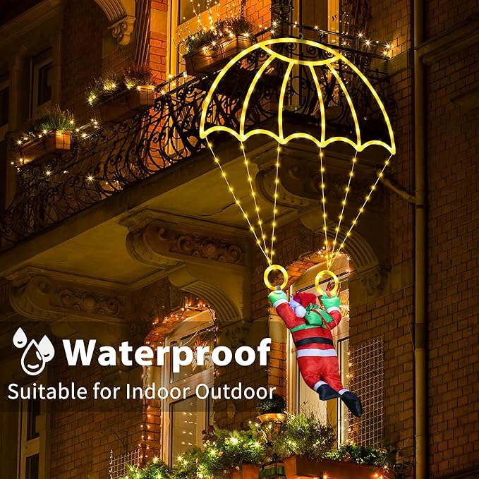 Toodour Christmas Decorations Lights Outdoor, 2.8FT Christmas Parachute Lights with Santa Claus, Waterproof 8 Modes Hanging Warm White Xmas Light - Holiday Decorative Light for Indoor Eave Roof