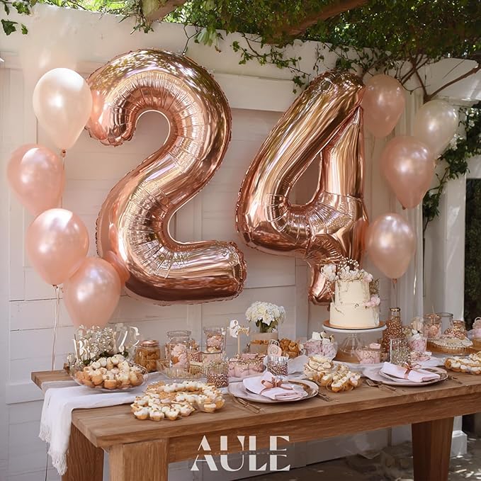 AULE 40 Inch Large 24 Number Balloons Rose Gold Big Foil Number Balloons Giant Helium Happy 24th Birthday Party Decorations for Women Huge Mylar 42 Anniversary Supplies