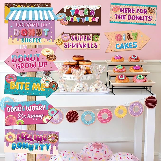 Hooqict 20 Pieces Doughnut Party Sign Welcome to Donut Party Directional Signs for Kids Girls Sweet Donut Themed Birthday Decorations Supplies