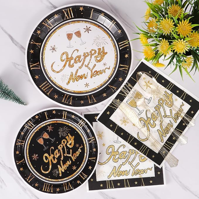 Atonofun Happy New Year Party Supplies, Party Plates, Cups, Napkins and Cutlery, New Year Party Decorations for New Years Eve Party Serves 24