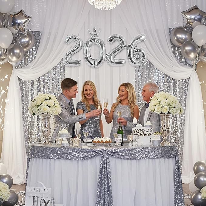TONIFUL 2026 Silver Crown Foil Number Balloons 16 Inch Silver Number Banner 2026 Graduation Aluminum Foil Mylar Balloons for New Year Eve Christmas Anniversary Party Supplies
