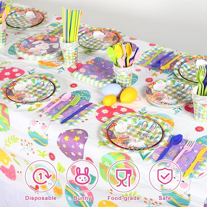 Kochorie 194 Pcs Colorful Easter Tableware Set Bunny Egg Dinnerware Supplies Include Paper Plates Napkins Cups Cutlery Tablecloth for Spring Easter Party Decoration, Serves 24 Guests