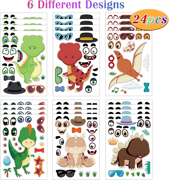 24 Sheets Dinosaur Make a Face Sticker Sheets for Kids Todders Activities, Make Your Own Stickers for Kids Birthday Party Favor Supplies Craft