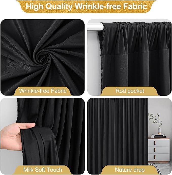 16x10FT Black Backdrop Curtains for Wedding Parties, Wrinkle Free Polyester Photography Backdrop Drapes for Wedding Baby Shower Birthday Parties Stage Background Stand Decorations 4x10ft, 4 Panels