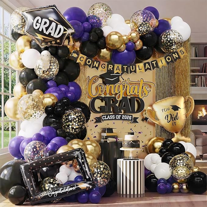 Purple Black White Balloon Arch Kit 154Pcs with Gold Confetti Balloon for Orange and Black Birthday Party Decorations Graduation Party Birthday Party