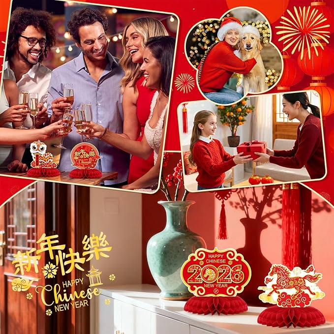 10 Pcs Chinese New Year Honeycomb Centerpieces Decoration 2026 Year of The Horse Ornaments Signs Red and Gold Table Toppers Table Centerpieces Lunar New Year Party Supplies
