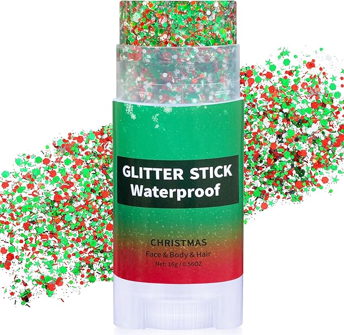 Christmas Hair Glitter Stick,Red and Green Silver Face Body Glitter Makeup,Waterproof Christmas Outfits for Women, Stocking Stuffers Sparkling Party Gift for Girls,Chunky Glitter Makeup