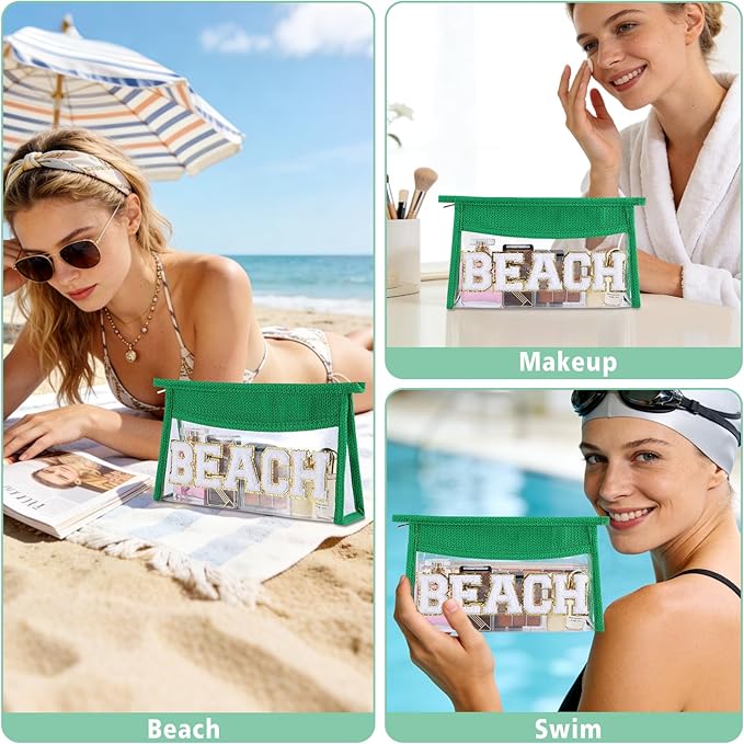 Beach Pouch Sunscreen Clear Makeup Bag Chenille Letter Beach Cosmetic Pouch Summer Essential Cute Toiletry Pouch Travel Accessories Gifts for Women