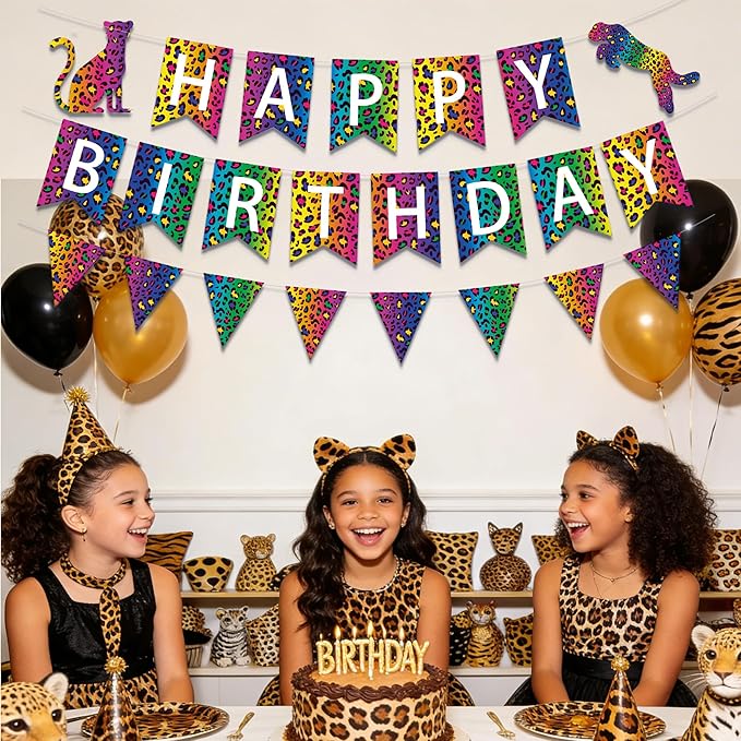 Cheetah Print Birthday Decorations, Colorful Cheetah Happy Birthday Banner Leopard Print Birthday Decorations for Girls Women, Rainbow