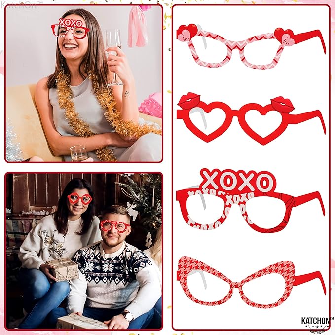 KatchOn, Red Heart Glasses - Pack of 12 | Valentines Glasses for Valentines Day Decorations | Valentines Photo Props for Valentines Decor | 6 Designs Heart Shaped Glasses | Galentines Day Decorations