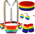 Sweetude Gay Pride Rainbow Fanny Pack Accessories Outfit Beverage Beer Belt Costume Set with Drink Holder Sunglasses Striped Sweatband Women Men