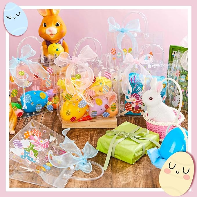 Henoyso 24 Pcs Easter Clear Gift Bags with Handles Plastic Treat Goodie Candy Bags Reusable PVC Party Favor Tote with Ribbon for Easter Birthday Party Gift Wrapping, 7.8 x 7.8 x 3.1 Inches