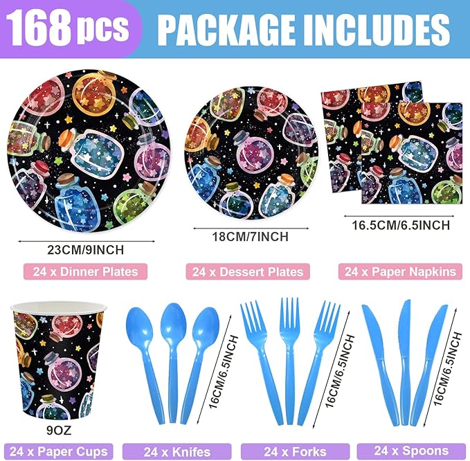 168PCS Magic Bottle Party Supplies for Birthday Watercolor Wishing Bottle Jars Party Decorations with Star Drifting Vial Plates Cups Napkins Tableware for 24 Guests