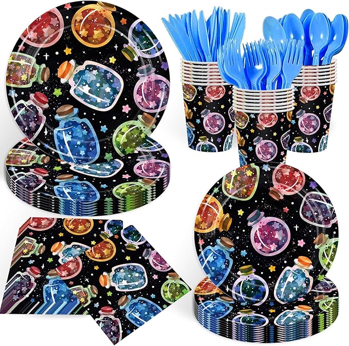 168PCS Magic Bottle Party Supplies for Birthday Watercolor Wishing Bottle Jars Party Decorations with Star Drifting Vial Plates Cups Napkins Tableware for 24 Guests