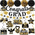 Graduation Decorations 2026, Glitter Congrats Grad Banner Hanging Swirls and Tissue Pom Poms, Black and Gold Graduation Decorations for Class of 2026 College Graduations Party Decorations