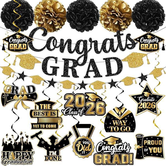 Graduation Decorations 2026, Glitter Congrats Grad Banner Hanging Swirls and Tissue Pom Poms, Black and Gold Graduation Decorations for Class of 2026 College Graduations Party Decorations
