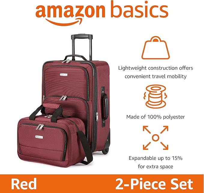 Amazon Basics 2-Piece Softside Luggage Set, 23-Inch Expandable Suitcase with Wheels and 15-Inch Tote, Front Pockets, Telescopic Handle, Burgundy