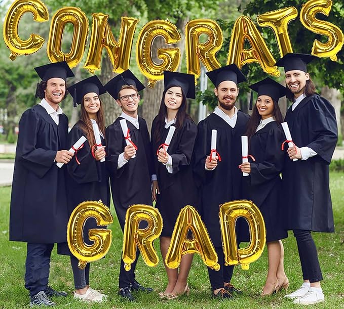 KALOR 16 Inch Gold Congrats Grad Banner Balloons, Gold Congrats Grad Letters Sign, Graduation Decorations 2026 for Graduation Party Decorations 2026