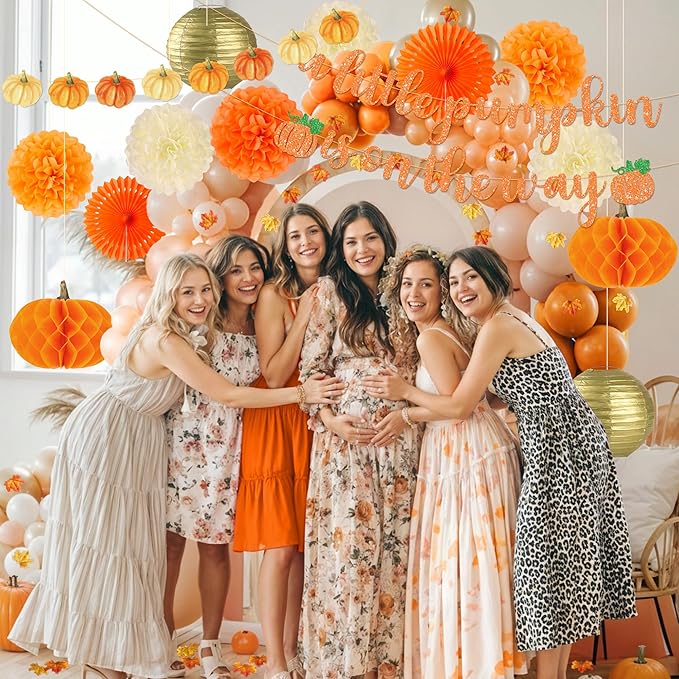 Kriyokiaa Little Pumpkin Baby Shower Decorations 71 Pcs Fall Baby Shower Decor with Tissue Pompom, Paper Fans, Lantern, Banners & Artificial Maples for Rustic Neutral Shower Party Supplies