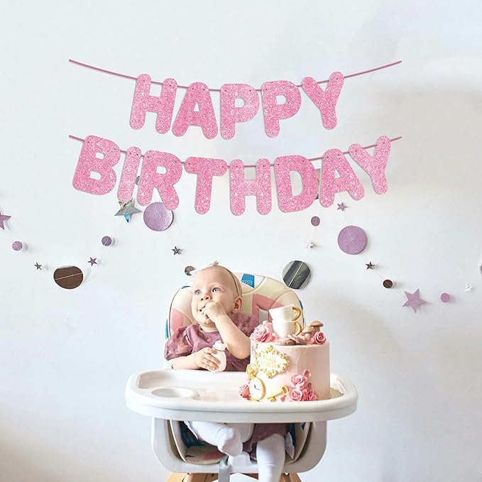 Pre-Strung Happy Birthday Pink Glitter Banner, Pink Birthday Party Decorations for Girl, Backdrop/Sign, Princess Party Decor for Her