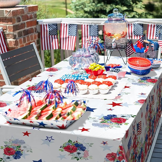 6 Pack 4th of July Tablecloth Decorations, Vase Flower Patriotic Plastic Table Cover, Red White and Blue Decorations with Star Stripe Sign for Patriotic Independence Veterans Memorial Day, 54x108 Inch