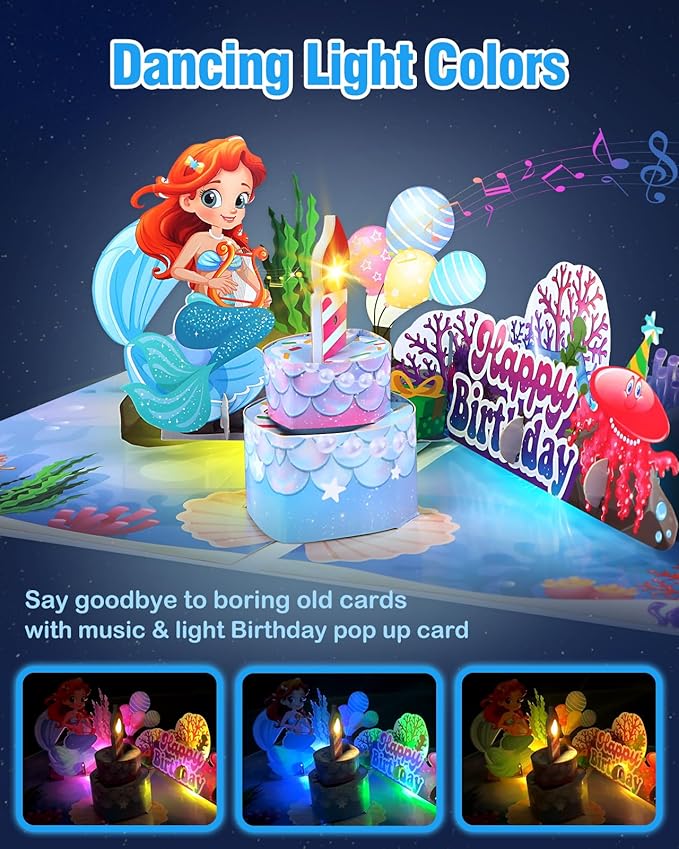 FaCraft Mermaid Birthday Card - 3D Musical Birthday Card for Kids Daughter & Girls - Blowable Candle with Cheering Sound - 8x6 Handmade Pop Up Kids Birthday Card with Envelope & Seal