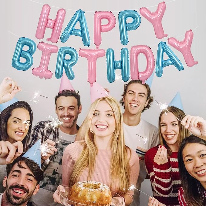 TONIFUL Happy Birthday Balloons Banner 16 Inch Mylar Foil Letters Birthday Sign Reusable for Girls Boys Kids & Adults Birthday Party Decorations Supplies（Light Pink Blue）