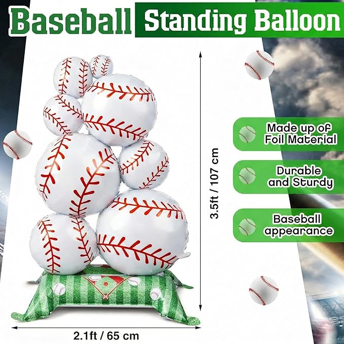 Soulchen 2 Pcs 3.5 ft Giant Self Standing Baseball Foil Balloons for Baseball Birthday Party Decoration Team Celebration Decor Backyard BBQ Sports Themed Party Supplies