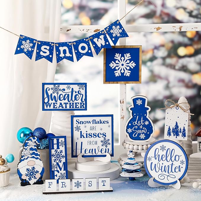 Winter Tiered Tray Decor Set Hello Winter Snowman Wooden Signs Snowflake Decorations Rustic Farmhouse Blocks Sign for Home Table Harvest Holiday