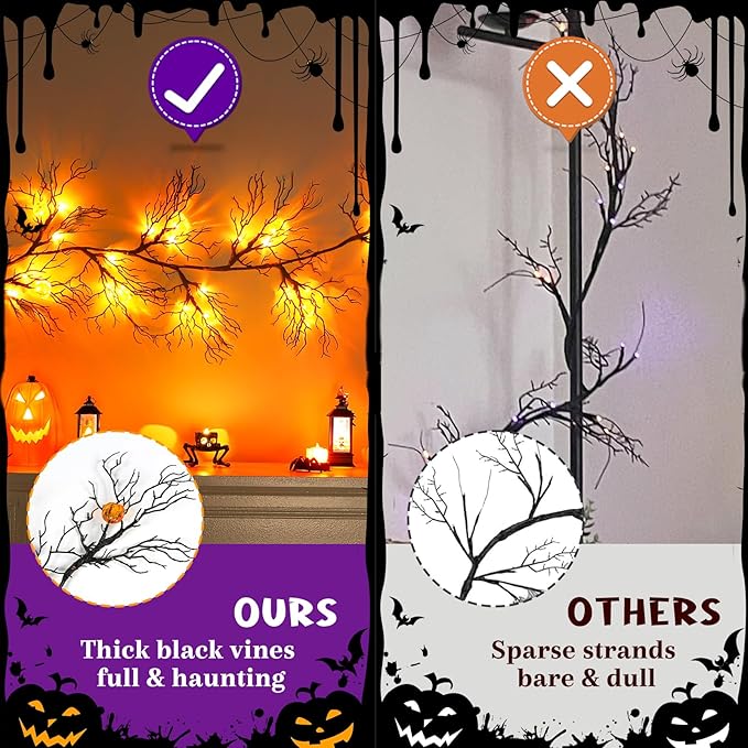 Joyhalo Halloween Garland with Lights Decorations with Pumpkin Lights,Battery Operated 6FT 47 LED Halloween Willow Vine Twig Garland for Mantle,Wall,Fireplace and Halloween Decorations
