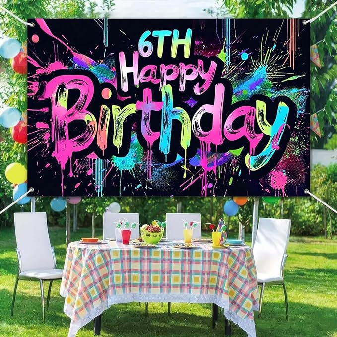 Neon 6th Happy Birthday Banner 71x43 Inch Paint Splatter Glow in The Dark Backdrop Colorful Wall Decor for Kids Boys Girls Fifth Birthday Celebrations Photo Booth Props Event Supplies