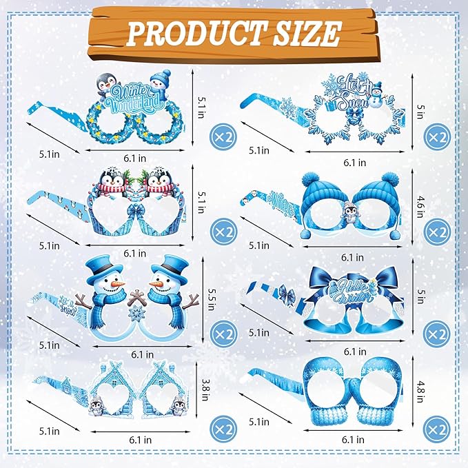 16Pcs Winter Party Glasses Frames, Funny Winter Paper Glasses Snowmen Snowflake Eyeglasses Photo Booth Props for Christmas Holiday Birthday New Year Party Supplies