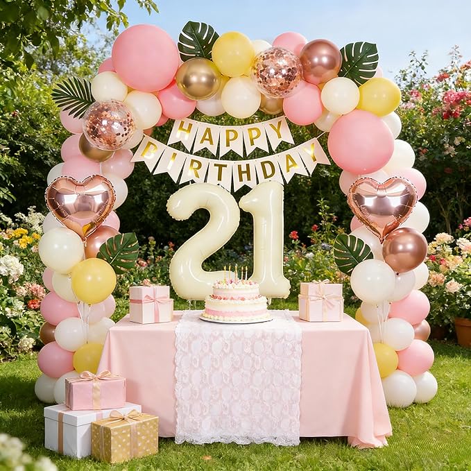 21st Birthday Decorations for Girl, Finally 21 Party Supplies, Retro Sand White and Cream Balloon Garland Kit, Cream Number 21 Balloon, Pink Happy Birthday Banner