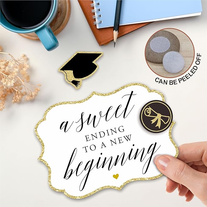 Gold Grad Party Wooden Table Sign - A Sweet Ending To A New Beginning - 5"X7" Buffet Sign, Treat Sign With Metal Support & 2 DIY Wood Decor With Velcro, Grad Party Decorations & Supplies - B04