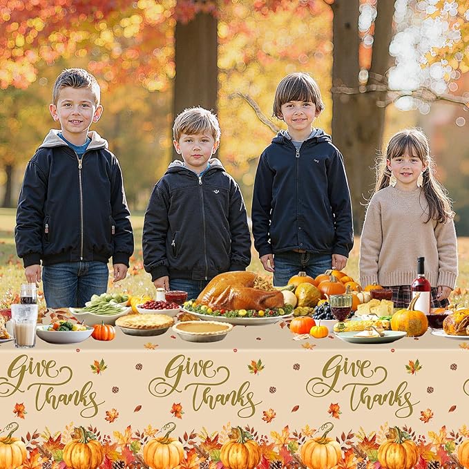 3 Pcs Thanksgiving Tablecloth Disposable - Fall Give Thanks Table cloth, Rectangle Plastic Maple Leaf Pumpkin Table Cover for Fall Harvest Thanksgiving Party Decorations Supplies Favors, 54x108 Inch