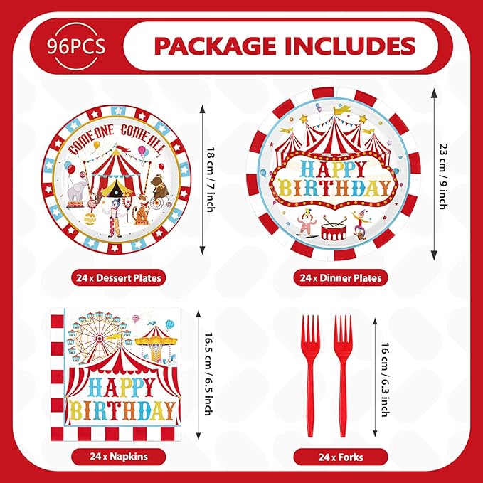 96Pcs Carnival Birthday Party Decorations Christmas Carnival Circus Birthday Plates and Napkins Tableware Sets Circus Theme Decoration Favor for Kids Boy Girls Xmas Bday Baby Shower Supplies Serves 24