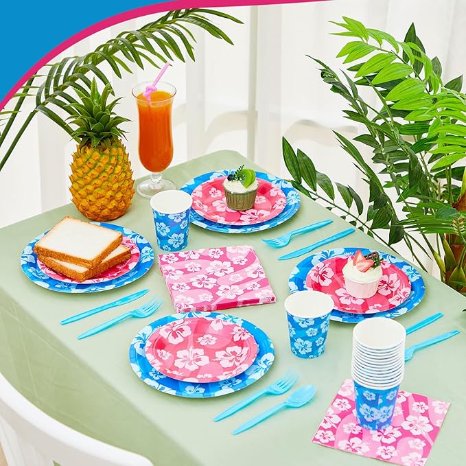 LemonRoad 168pcs Hawaiian Blue Pink Cartoon Birthday Party Supplies Disposable Tableware Set Serve 24 Guests Include Paper Plates Cups Napkins Plastic Spoons Forks Knives for Christmas Party Summer